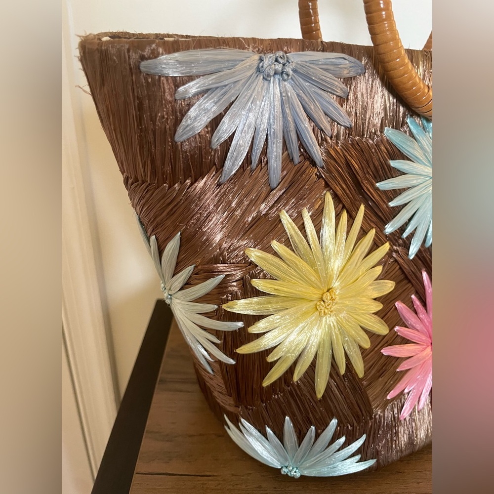 KATE SPADE Top Handle Raffia Flowers/Polka Dot, Dust Bag EUC 🤎🩷🩵 ✨HOST PICK✨ - Picture 4 of 16